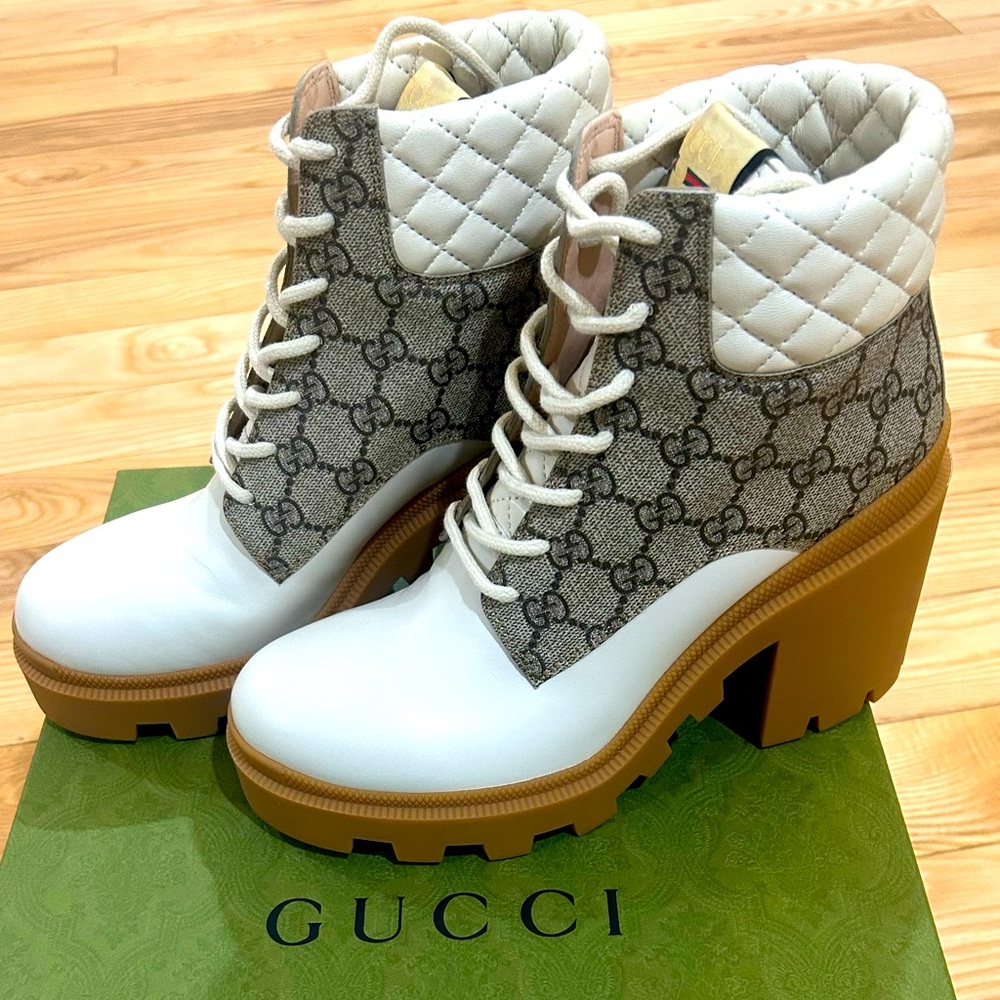Gucci Women's White and Brown Lace-Up Boots